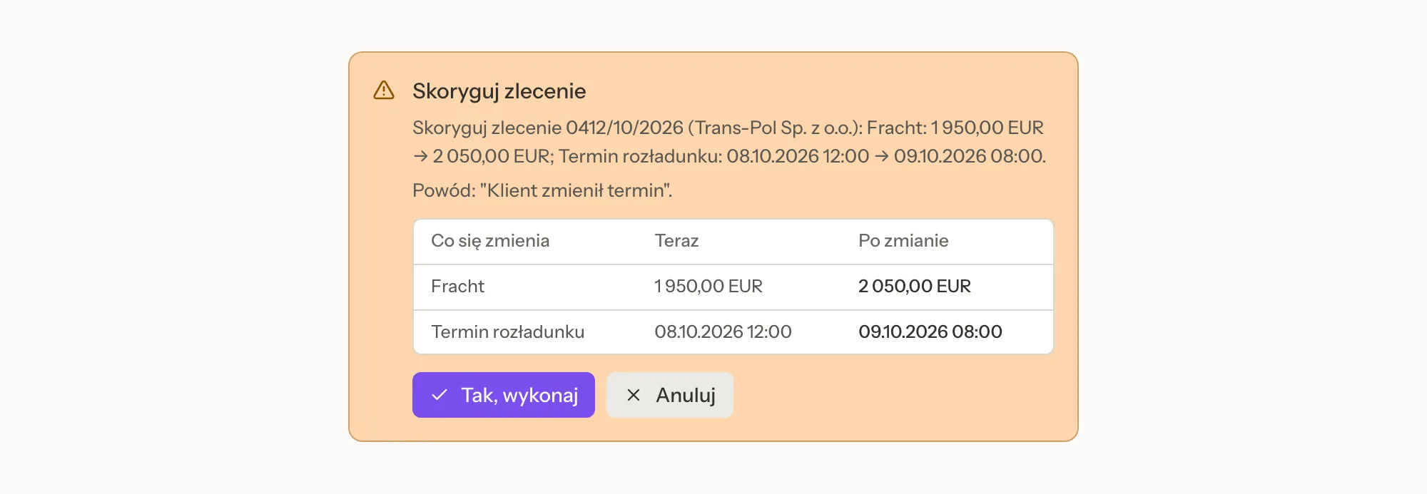 An approval card in chat: Correct order, with the freight and the unloading date before and after, and the reason, with Yes, do it and Cancel