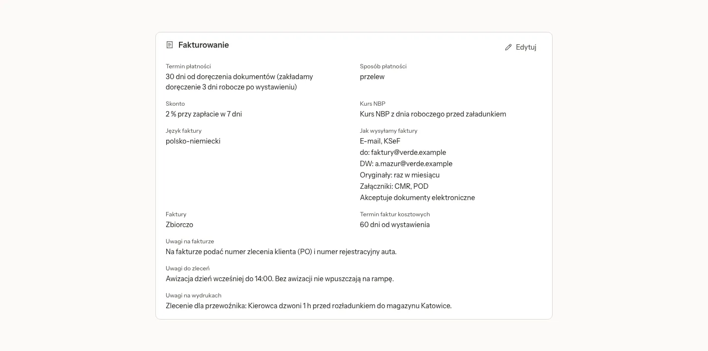The Invoicing section of a client: payment term from the delivery of documents, skonto, NBP rate rule, invoice language, how invoices are sent and the remarks