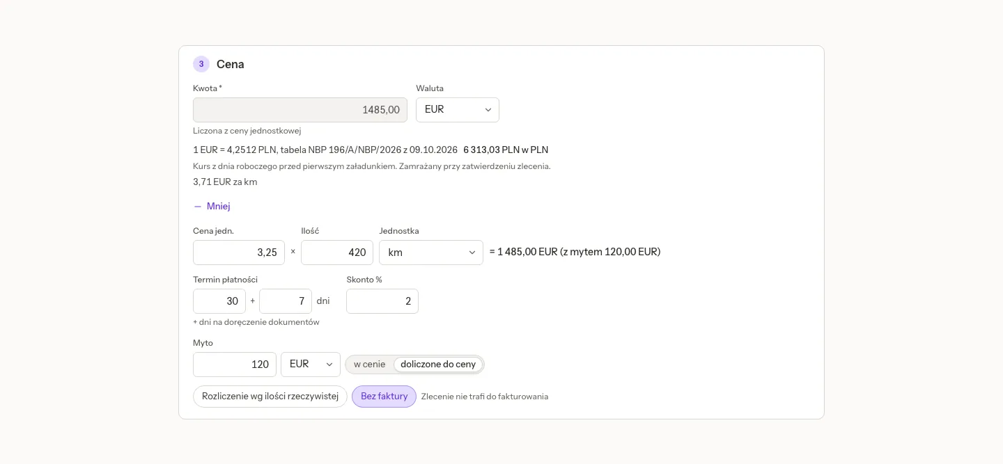 The Price section of an order: unit price times quantity, payment term with days for the documents, skonto, toll added to the price and No invoice