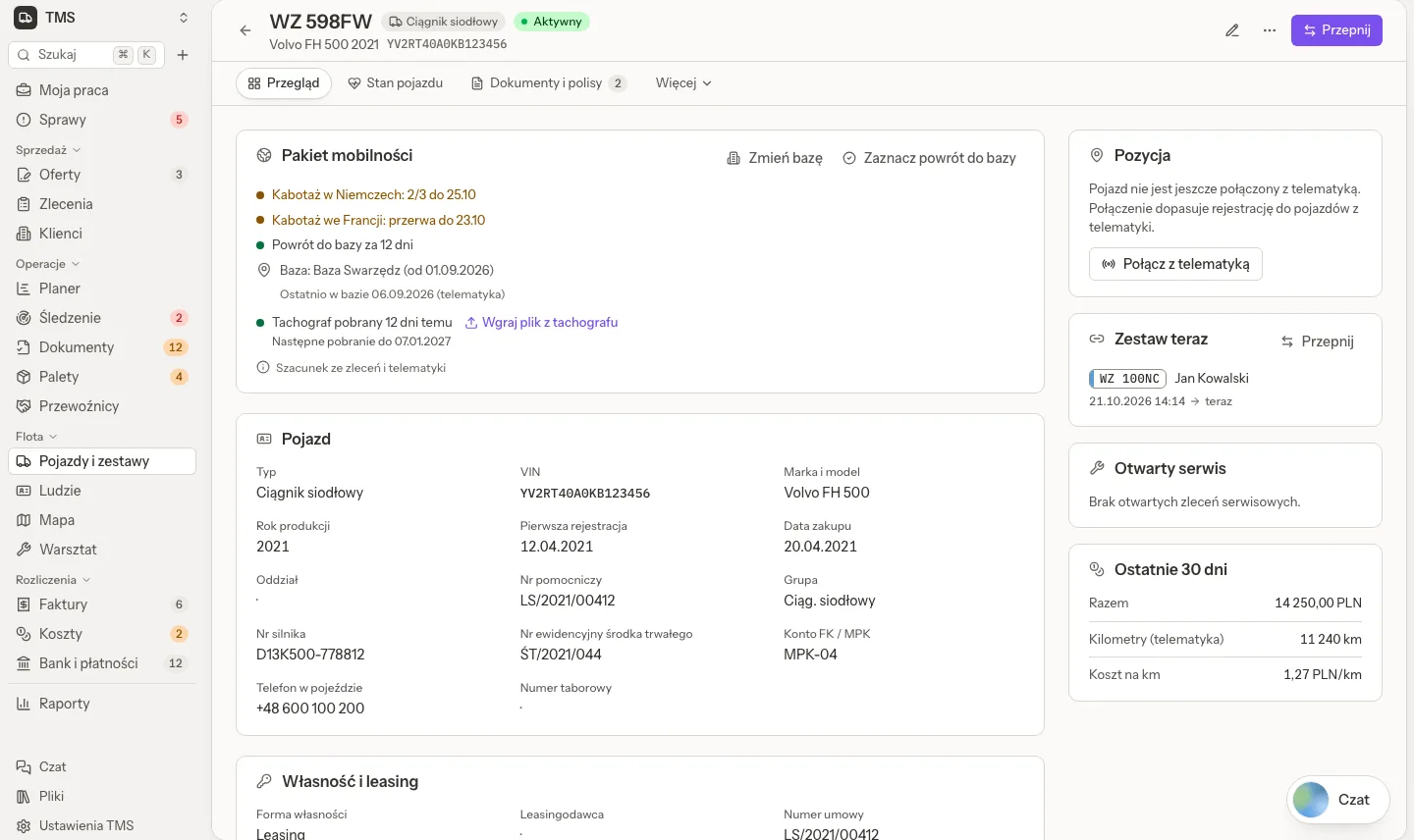 A tractor's vehicle card: Overview with the mobility package, vehicle data, position, the current set, open service and the last 30 days of costs